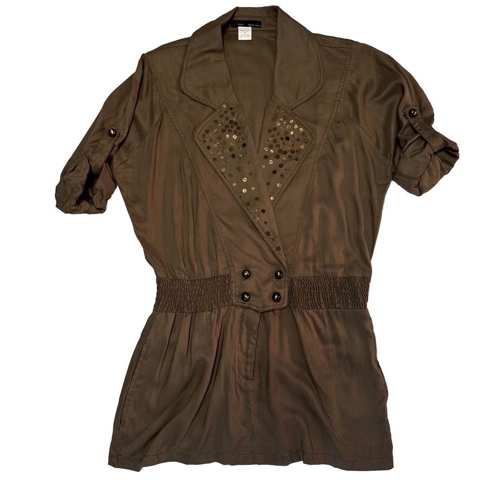Hot & Delicious Olive Green Shirt Top Tunic Size Medium Gathered Waist Pockets